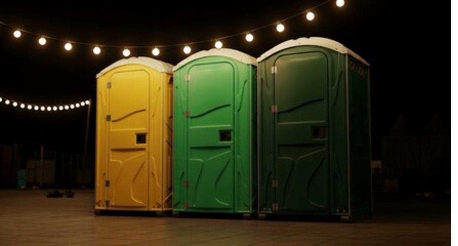 Colorful portable restrooms decorated with string lights at an evening event